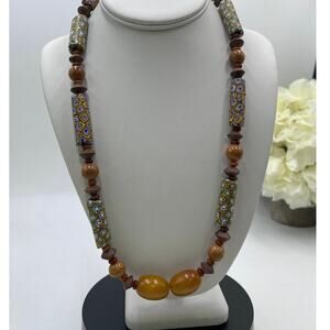 Sterling Silver‎ Millefiori African Trade Bead Yellow Bakelite Amber Necklace